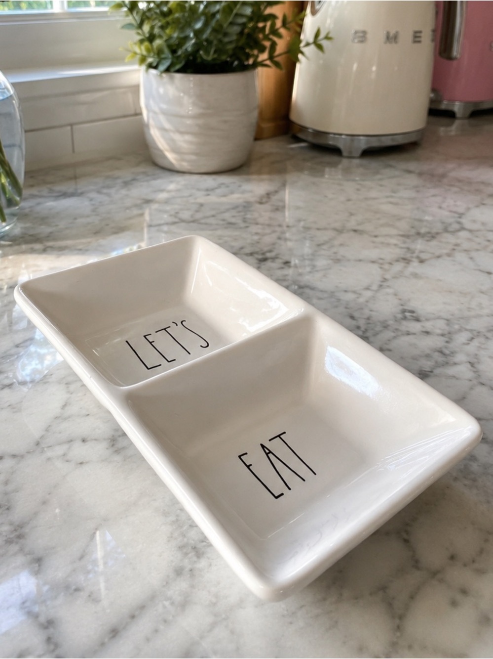 Rae Dunn IWhite Ceramic 'Let's Eat' Divided Snack Dish